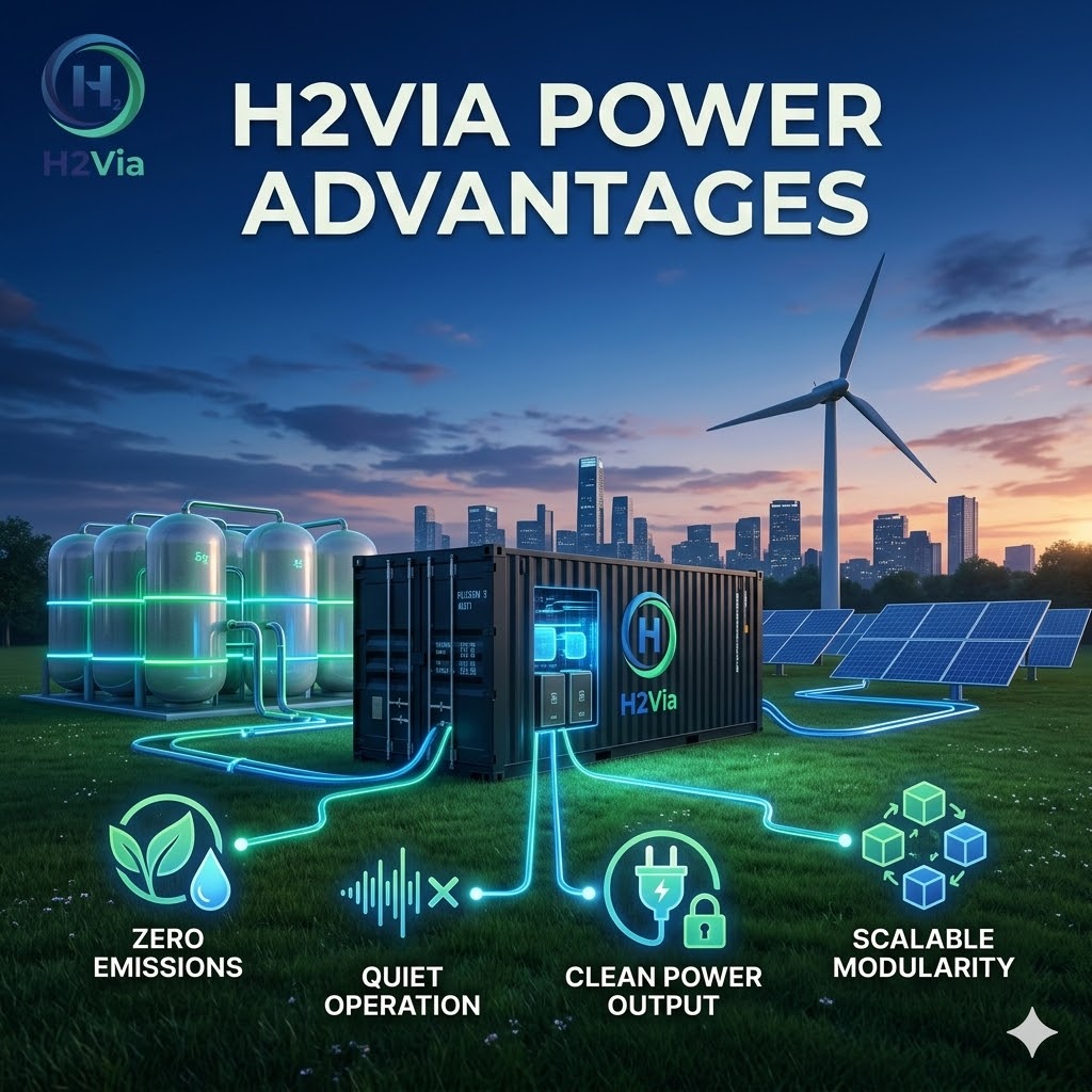 H2Via güç avantajları: sıfır emisyon, sessiz operasyon, temiz güç, ölçeklenebilirlik