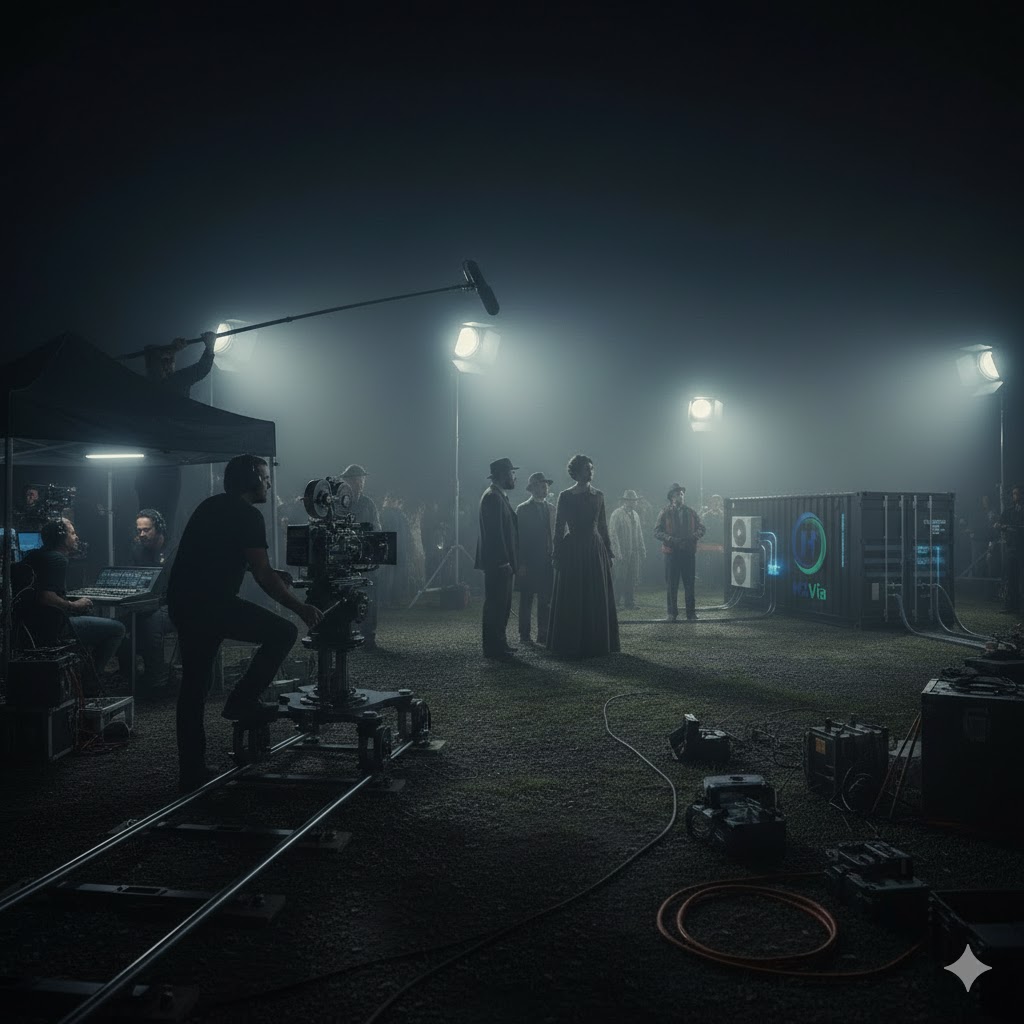 Gece çekimi yapılan profesyonel film seti, arka planda H2Via güç ünitesi
